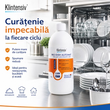 Detergent vase pentru mașini automate Klintensiv PRO DISH, profesional alcalin, concentrat, spumare redusă, pentru grăsime întărită, pete de cafea, ceai, ou și amidon, 1 L, 4x Stickere - Img 2