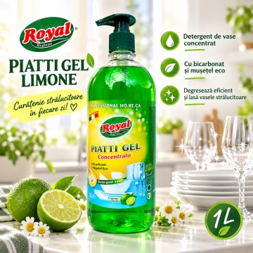 Detergent Vase Profesional Concentrat Royal Hygiene Piatti Gel Concentrato Lămâie Verde, Concentrat HoReCa, cu Bicarbonat și Mușețel, Formulă Eco Italiană, Fabricat în România, 1 L