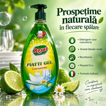 Detergent Vase Profesional Concentrat Royal Hygiene Piatti Gel Concentrato Lămâie Verde, cu Bicarbonat și Mușețel, Formulă Eco Italiană, Fabricat în România, 800 ml - Img 5
