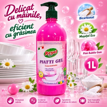 Detergent Vase Profesional Concentrat Royal Hygiene Piatti Gel Concentrato Bubble Gum, Concentrat HoReCa, cu Bicarbonat și Mușețel, Formulă Eco Italiană, Fabricat în România, 1 L - Img 5