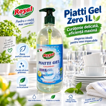 Detergent Vase Profesional Concentrat Royal Hygiene Piatti Zero, Concentrat HoReCa, Fără Parfum și Coloranți, cu Bicarbonat și Mușețel, Formulă Eco Italiană, Fabricat în România, 1 L - Img 5