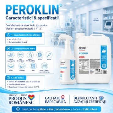 Dezinfectant de nivel înalt Peroklin Klintensiv, profesional, pentru suprafețe, instrumentar și dispozitive medicale, bactericid, levuricid, fungicid, virucid, micobactericid, tuberculocid și sporicid, 1 L, 4x Stickere - Img 4