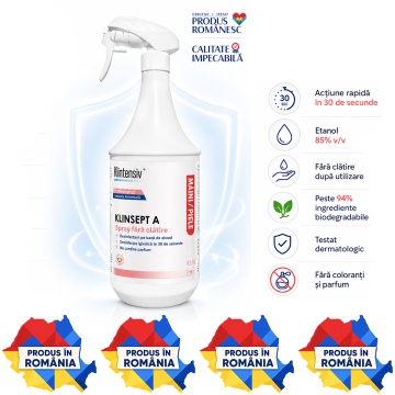 Dezinfectant mâini și piele Klinsept A, hidroalcoolic, 85% etanol, fără clătire, testat dermatologic, pentru dezinfectare igienică și chirurgicală, 1 L, 4x Stickere