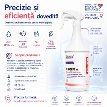 Dezinfectant mâini și piele Klinsept A, hidroalcoolic, 85% etanol, fără clătire, testat dermatologic, pentru dezinfectare igienică și chirurgicală, 1 L, 4x Stickere - Img 5