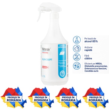 Dezinfectant profesional suprafețe Klinosept Klintensiv, 85% etanol, acțiune rapidă, pentru spitale, clinici, ambulanțe, echipamente medicale și spații cu trafic intens, aviz biocid, 1 L, 4x Sticker
