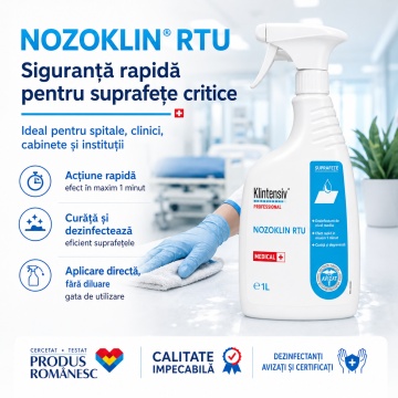 Dezinfectant profesional suprafețe Nozoklin RTU Klintensiv, gata de utilizare, spectru larg, bactericid, levuricid, fungicid și virucid, peste 98% biodegradabil, aviz biocid, 1 L, 4x Stickere - Img 4