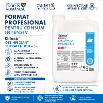 Dezinfectant profesional suprafețe și pavimente Klintensiv Professional RTU, spectru larg, bactericid, virucid, fungicid, micobactericid și sporicid, canistră 5 L, 4x Stickere - Img 4