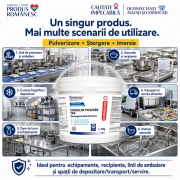 Dezinfectant pulbere Oxoklin Powder, TP4, pentru suprafețe și ustensile industria alimentară, generează acid peracetic, bactericid, levuricid, virucid și micobactericid, cu lingură dozatoare, 4x Stickere - Img 5