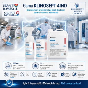 Dezinfectant suprafețe alimentare Klinosept 4Ind, soluție profesională cu 85% etanol, fără clătire, bactericid, fungicid, virucid și micobactericid, HoReCa, 1 L, 4x Stickere - Img 4
