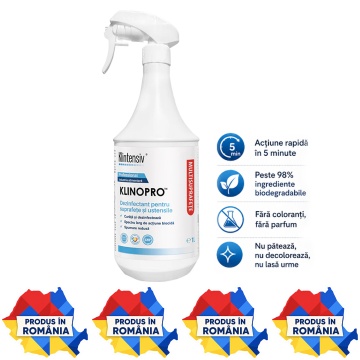 Dezinfectant suprafețe și pavimente Klinopro, soluție profesională pentru industria alimentară, bactericid, fungicid și virucid în 5 minute, peste 98% ingrediente biodegradabile, 1 L, 4x Stickere