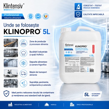 Dezinfectant suprafețe și pavimente Klinopro, soluție profesională pentru HoReCa, bucătării industriale, depozite alimentare și pavimente, bactericid, fungicid, virucid, canistră 5 L, 4x Stickere - Img 4