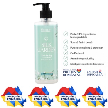 Gel de duș Klintensiv Silk Garden, aromă elegantă catifelată, spumă fină, efect emolient și protector, cu D-Panthenol, Zinc PCA și glicerină, peste 94% ingrediente biodegradabile, 400 ml, 4x Stickere