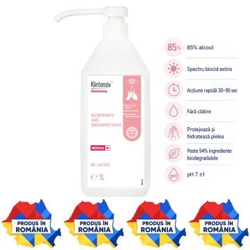 Gel dezinfectant mâini Klintensiv, profesional, 85% etanol, dezinfectare igienică și chirurgicală, bactericid, fungicid, levuricid, virucid și micobactericid, 1 L, 4x Stickere