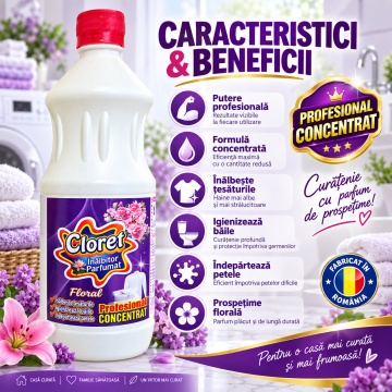 Înălbitor Parfumat Floral Cloret, Profesional Concentrat pentru Rufe Albe și Igienizarea Băii, Îndepărtează Petele și Murdăria, Parfum Floral, 1 L - Img 5