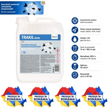 Insecticid concentrat TRAKIL FORTE, soluție profesională pentru combaterea muștelor, țânțarilor, moliilor și viespilor, spații publice și private, canistră 5 L, 4x Stickere