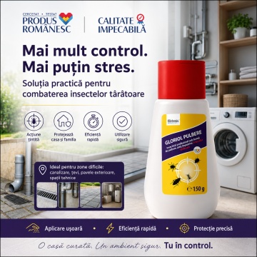 Insecticid pulbere GLORIOL, pentru insecte târâtoare, furnici și gândaci, cu Tetrametrin 2%, aplicare prin pudrare, pentru zone greu accesibile, canalizare, țevi, panouri electrice și exterior, 150 g, 4x Stickere - Img 6