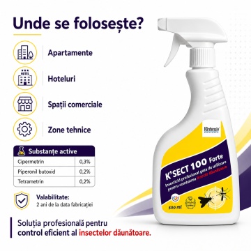 Insecticid spray K-Sect 100 Forte, gata de utilizare, pentru insecte zburatoare dăunătoare, insecticid, acaricid și control artropode, cu Cipermetrin, Piperonil butoxid și Tetrametrin, 500 ml, 4x Stickere - Img 6
