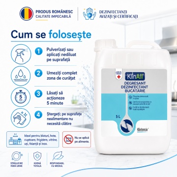 KlinAll Degresant Dezinfectant Bucătărie Klintensiv, curăță, degresează și dezinfectează în 5 minute, biodegradabil peste 98%, pentru HoReCa și uz profesional, 5 L, 4x Stickere - Img 4