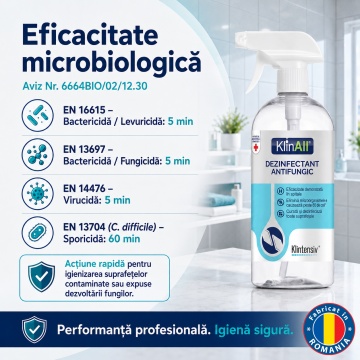 KlinAll Dezinfectant Antimucegai Klintensiv, soluție profesională gata de utilizare, PT2, împotriva mucegaiului, fungilor, bacteriilor și virusurilor, biodegradabil peste 98%, 1 L, 4x Stickere - Img 6