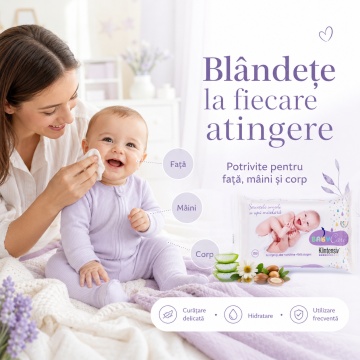 Klintensiv Baby șervețele umede biodegradabile, cu apă micelară, argan și aloe, pentru pielea delicată a copiilor, efect emolient și protector, testate dermatologic, fabricate în România, 65 bucăți, 4x Stickere - Img 2