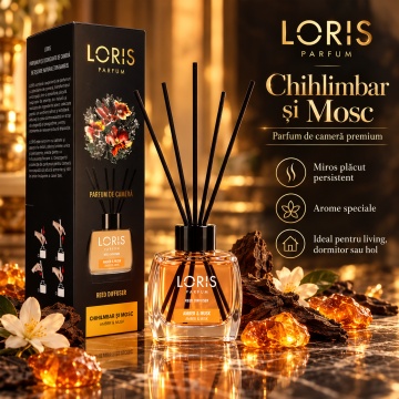 Loris Parfum Chihlimbar & Mosc 120 ml – Odorizant de Cameră cu Bețișoare Parfumate