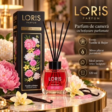 Loris Parfum Vanilie & Bujor 120 ml – Odorizant de Cameră cu Bețișoare Parfumate
