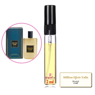 Mostra fiola din Million Elixir Yalla, decant sticla cu pulverizator