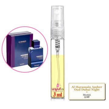 Mostra fiola din Parfumul Al Haramain Amber Oud Dubai Night, decant sticla cu pulverizator