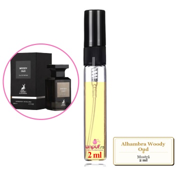 Mostra fiola din Parfumul Alhambra Woody Oud, decant sticla cu pulverizator