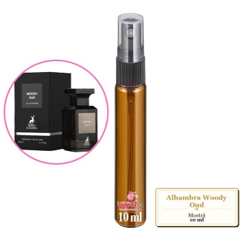 Mostra fiola din Parfumul Alhambra Woody Oud, decant sticla cu pulverizator