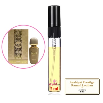Mostra fiola din Parfumul Arabiyat Prestige Ramad Louban, decant sticla cu pulverizator