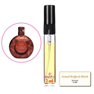 Mostra fiola din Parfumul Armaf Radical Black, decant sticla cu pulverizator