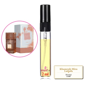 Mostra fiola din Parfumul Khamrah Mira Lattafa 100 ml, decant sticla cu pulverizator - Img 1