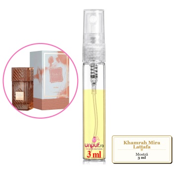 Mostra fiola din Parfumul Khamrah Mira Lattafa 100 ml, decant sticla cu pulverizator - Img 3
