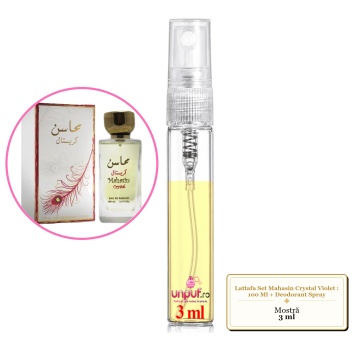 Mostra fiola din Parfumul Lattafa Set Mahasin Crystal Violet : 100 Ml + Deodorant Spray, decant sticla cu pulverizator - Img 2