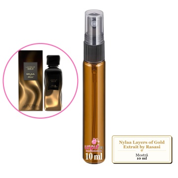 Mostra fiola din Parfumul Nylaa Layers of Gold Extrait by Rasasi, decant sticla cu pulverizator