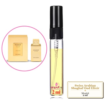 Mostra fiola din Parfumul Swiss Arabian Shaghaf Oud Elixir, decant sticla cu pulverizator