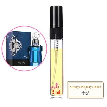 Mostra fiola din Parfumul Zimaya Khafaya Blue, decant sticla cu pulverizator