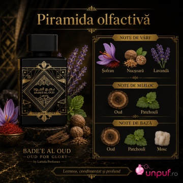 Mostră fiolă parfum Badee Al Oud Oud For Glory Lattafa, 35 ml, Eau de Parfum unisex, aromă intensă de oud, șofran, lavandă, patchouli și mosc - Img 5
