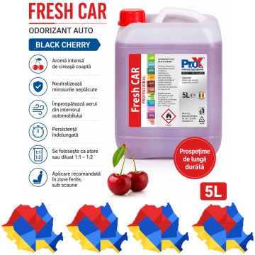 Odorizant auto PRO X Fresh CAR Black Cherry, aromă intensă de cireașă coaptă, neutralizare mirosuri neplăcute, parfum persistent pentru interior auto, 5 L, 4x Stickere