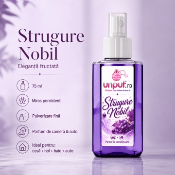 Odorizant auto si casa Unpuf Strugure Nobil, cu pulverizator, aroma fructata eleganta de struguri, improspatare aer si parfum de durata, 75 ml
