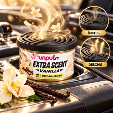 Odorizant Auto Unpuf Extra Scent Vanilla, Parfum Auto cu Aromă de Vanilie, Intensitate Reglabilă, Până la 60 Zile, 40g