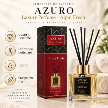 Odorizant Cameră Azuro Alpin Fresh Luxury Perfume, Difuzor cu Bețișoare, Parfum Ambiental Fresh, 100 ml
