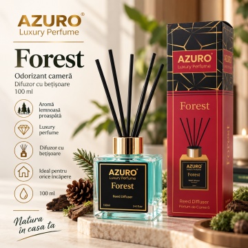 Odorizant Cameră Azuro Forest Luxury Perfume, Difuzor cu Bețișoare, Parfum Ambiental Fresh, 100 ml
