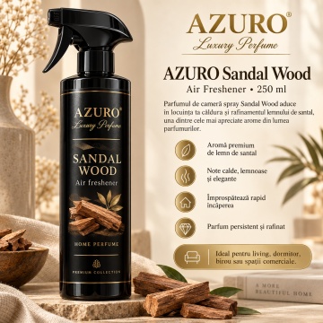 Odorizant Cameră Azuro Sandal Wood Air Freshener, Parfum Ambiental cu Aromă Lemnoasă de Santal, 250 ml
