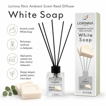 Odorizant de camera cu betisoare Lorinna Paris Ambient Scent Reed Diffuser, White Soap, aroma curata si proaspata, pentru living, dormitor, baie si hol, 50 ml