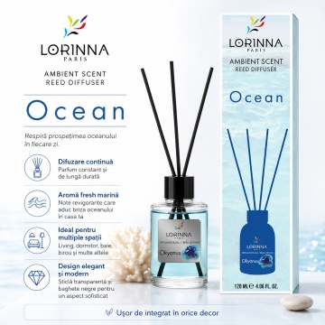 Odorizant de camera cu betisoare Lorinna Paris Ambient Scent Reed Diffuser, Ocean, aroma fresh marina, pentru living, baie, dormitor si birou, 120 ml
