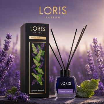Odorizant de Cameră cu Bețișoare Parfumate Loris Parfum Lavandă și Paciuli, 120 ml, Esență Floral Lemnoasă, Miros Elegant și Persistent