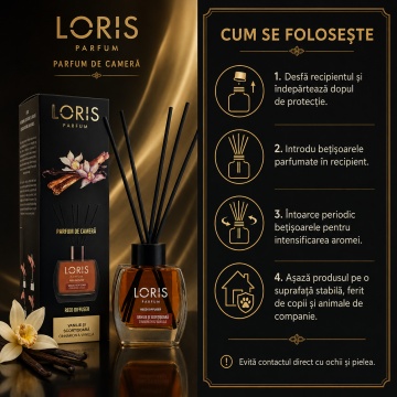 Odorizant de Cameră cu Bețișoare Parfumate Loris Parfum Vanilie și Scorțișoară, 120 ml, Esență Caldă și Condimentată, Miros Plăcut și Persistent - Img 3
