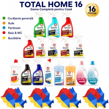 Pachet complet curatenie si detergenti rufe TOTAL HOME 16 Klintensiv KLINO KlinSmart, pentru bucatarie, baie, WC, geamuri, pardoseli, parchet si electrocasnice, 16 produse, 12,25 L, 4x Stickere